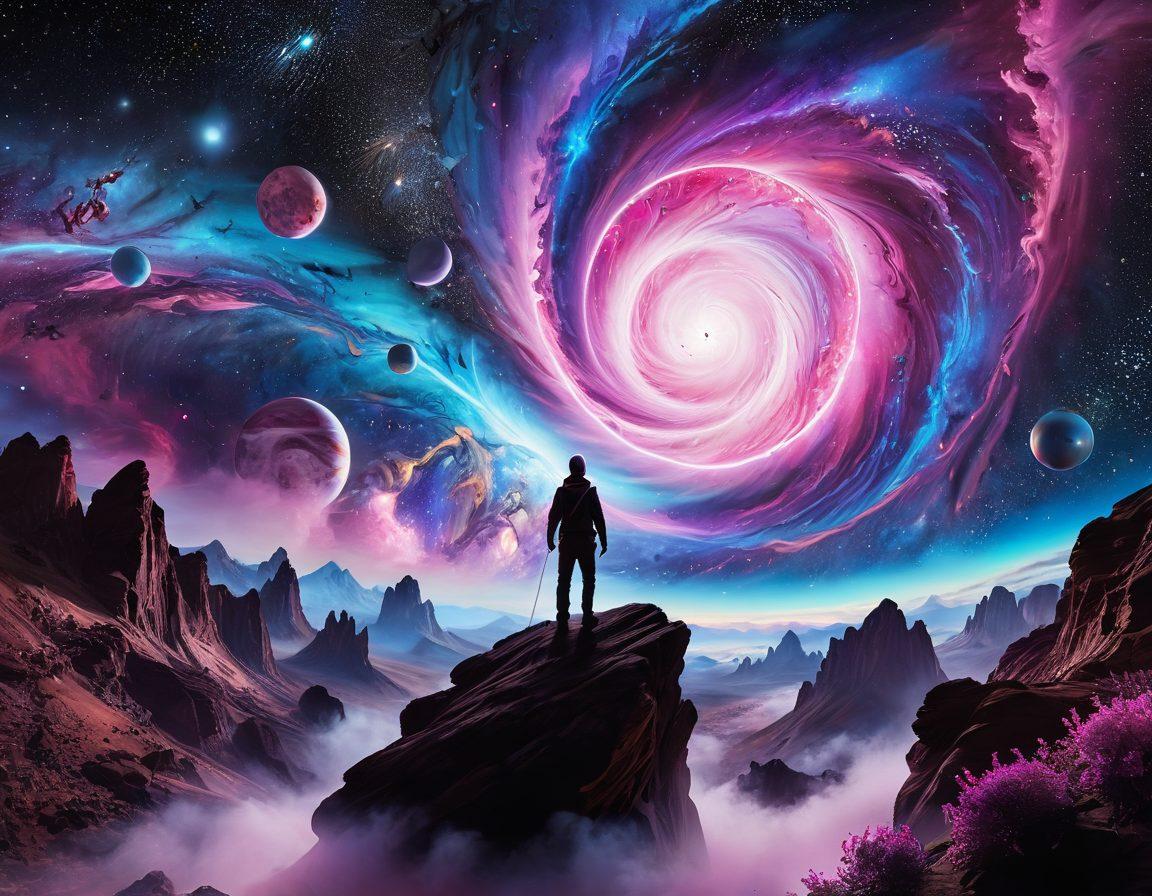 A whimsical representation of a cosmic journey, featuring vibrant nebulae and celestial bodies radiating bright, joyful energy. Include a figure joyously navigating through stars and planets, symbolizing innovation and exploration. Use swirling colors to depict movement and excitement. super-realistic. vibrant colors. 3D.