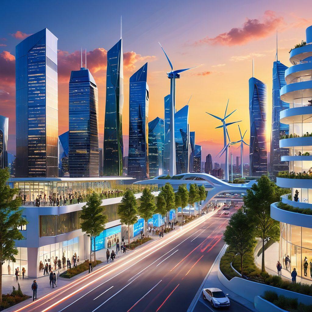 A futuristic city skyline glowing with radiant technologies, featuring solar panels and wind turbines integrated into sleek, modern architecture. In the foreground, diverse groups of people interact joyfully with advanced robotic companions, symbolizing harmony between humans and machines. Bright, cheerful colors illuminate the scene, depicting a vibrant, dynamic atmosphere filled with greenery and innovation. The sky is clear, showcasing a sunburst effect that adds warmth and optimism. super-realistic. vibrant colors. 3D.