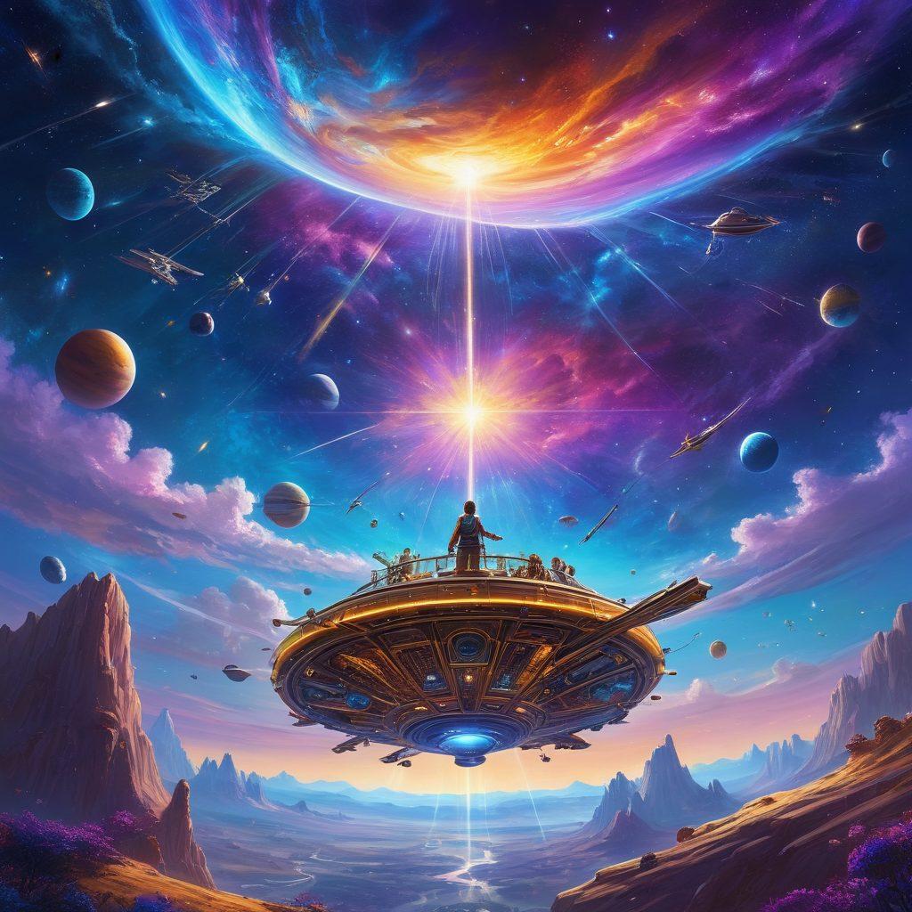 A cosmic landscape filled with colorful galaxies and innovative inventions floating among the stars, capturing the essence of creativity and joy. Vibrant hues of blue, purple, and gold illuminate the scene with whimsical elements like flying machines and joyful characters celebrating in zero gravity. The foreground features a radiant sunburst symbolizing inspiration. surrealism. vibrant colors. 3D.